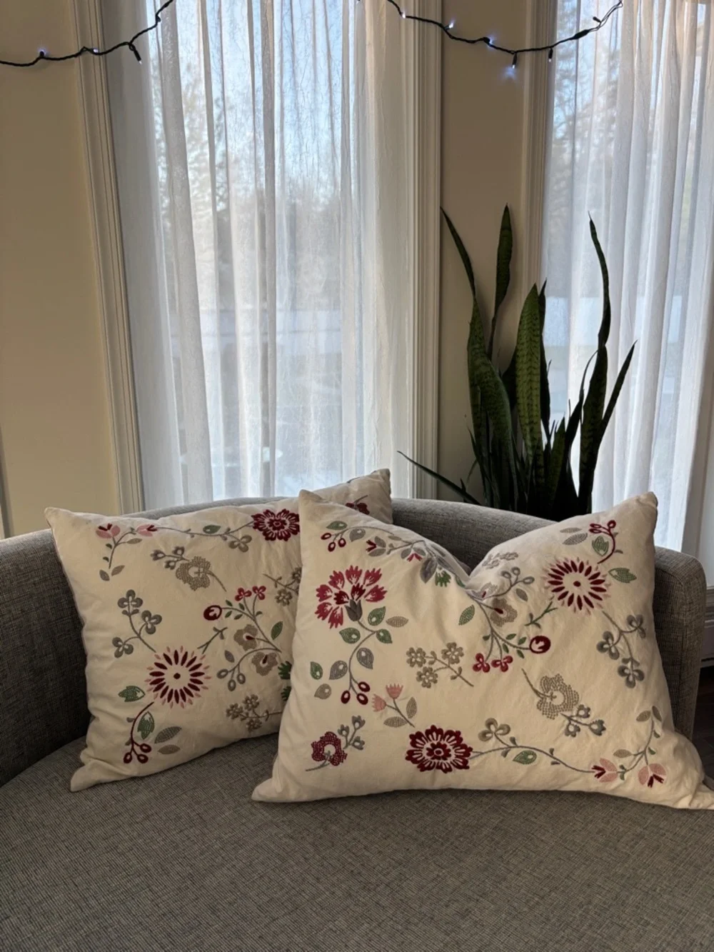 IKEA Throw Pillows with Red and Green Floral Embroidered Covers